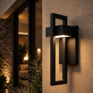 May include: A matte black outdoor wall sconce featuring a geometric rectangular frame design. The fixture is mounted to a textured beige wall and emits a warm, downward-facing light from its central housing, creating a soft glow on the surface.