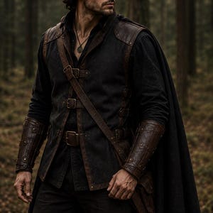 Handmade Canvas Ranger Vest with Leather Bracers, LARP Renaissance Costume