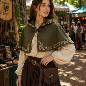 May include: An olive green hooded capelet featuring gold floral embroidery along the edges, secured with a brown leather strap and buckle. The capelet is worn over a cream-colored long-sleeved blouse and a dark brown skirt with a leather belt pouch.