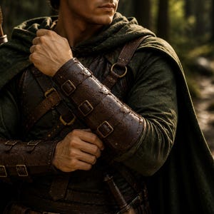 May include: A dark green hooded cloak worn over a dark brown leather chest harness and matching brown leather bracers featuring multiple metal buckles. A brown leather quiver filled with wooden arrows is visible on the back.