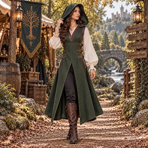 Handgjord Ranger-tabard i kanvas, läderklädd överrock med huva (beställningsvara)