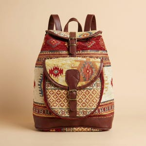 Turkish Kilim Backpack, Handmade Woven Boho Rucksack, Ethnic Tapestry Bag with Leather Straps, Carpet Bag Travel Daypack