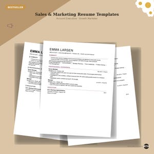 Könnte beinhalten: Ein Stapel weißer Sales & Marketing Lebenslaufvorlagen mit schwarzem Text. Das oberste Dokument zeigt den Namen Emma Larsen, eine Zusammenfassung, Berufserfahrung und Bildungsabschnitte. Das Design ist sauber mit klaren Überschriften.