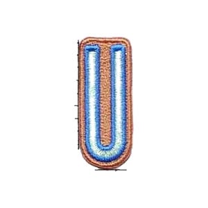 May include: An embroidered patch in the shape of the letter U. The letter features a copper-colored background with a bright blue border and a white inner stripe. The patch is positioned next to a black ruler showing a height of 2 inches.