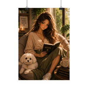 May include: A digital illustration of a person with long brown hair wearing a beige blouse and olive skirt, reading a book titled Bitcoin. A white fluffy dog sits beside them. Nearby are a coffee mug and books labeled Bitcoin Standard.