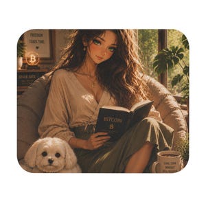 May include: A digital illustration of a person with long wavy brown hair reading a black book titled Bitcoin, sitting in a beige chair next to a small white dog. A mug with the text Long Term Mindset Real Freedom sits nearby, and a Bitcoin sign is visible.