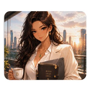 May include: A mousepad featuring an anime-style illustration of a person with long dark hair wearing a white blazer and shirt, holding a white mug with a gold Bitcoin logo. A black notebook with the text BUILD. LEAD. OWN. and a Bitcoin symbol is visible.