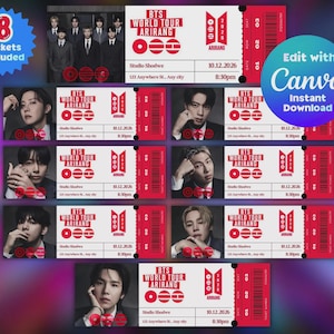 Könnte beinhalten: Ein Set aus acht druckbaren Konzertticket-Vorlagen für ein BTS World Tour Arirang-Event. Jedes Ticket zeigt ein Schwarz-Weiß-Porträt eines Bandmitglieds, rot-weißes Branding, den Text BTS WORLD TOUR ARIRANG sowie Platzhalter für Datum, Uhrzeit und Veranstaltungsort.
