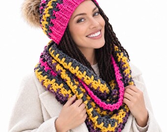 Crochet Hat and Scarf Pattern, Colorful Spike Stitch Beanie and Fringe Scarf Set, Winter Crochet Pattern PDF, Unisex Accessory