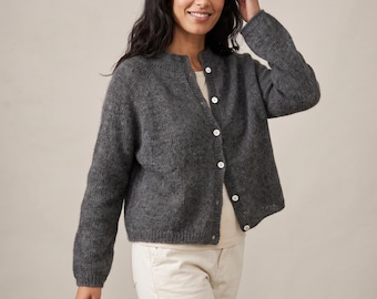 Patron PDF de veste tricotée, cardigan raglan femme, patron de pull boutonné, veste tricotée du haut vers le bas, tailles S à XXXL