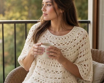 Modèle de pull-poncho au crochet | Pull en point dentelle | Pull oversize au crochet | Modèle PDF pour femme