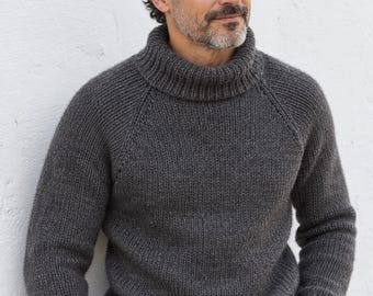 Modèle de tricot pour homme (PDF) | Pull raglan tricoté du haut vers le bas | Pull en grosse maille | Pull à col double | Modèle de pull pour adulte