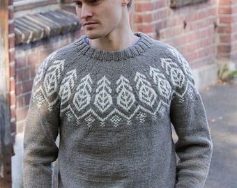 Modèle de pull à tricoter pour homme, motif Fair Isle nordique | Pull tricoté du haut vers le bas (Téléchargement PDF)