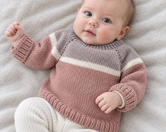 Modèle de pull rayé pour bébé (PDF), pull raglan tricoté du haut vers le bas, modèle unisexe, de la naissance à 4 ans, à télécharger.
