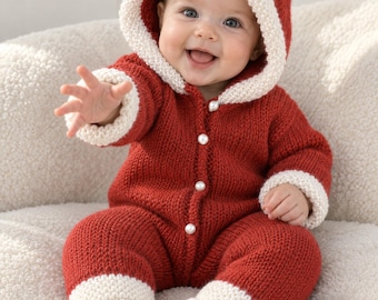 Patron PDF de tricot pour bébé à capuche, combinaison bébé tricotée avec manches et jambes, barboteuse boutonnée sur le devant, patron de combinaison de neige pour bébé, 1 mois à 4 ans