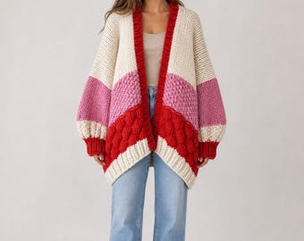 Patron PDF de tricot pour un gilet Monstera en grosse maille | Pull oversize tricoté du haut vers le bas | Gilet tricoté en point de bulles | Tailles XS à 5XL