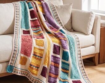 Colorful Crochet Blanket Pattern PDF, Granny Square Throw, Textured Crochet Afghan, Striped Blanket Pattern, Digital Download