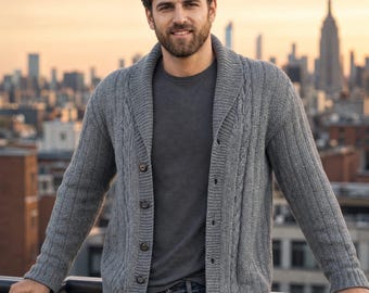 Patron de veste à col châle pour homme en tricot | Cardigan simple en maille torsadée et texturée | Patron PDF Karisma Yarn | XS–XXXL | Pull pour homme