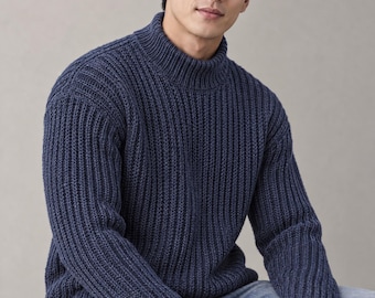 Modèle de pull à côtes anglaises (PDF), pull homme, tricot du haut vers le bas, pull douillet à manches longues, tailles XS à XXL