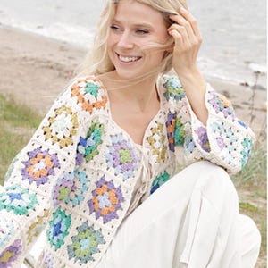Haakpatroon voor een Grandma Square Cardigan (PDF) | Gezellig patchworkjack | Gehaakte damestrui | Maten S–XXXL | Direct digitaal te downloaden