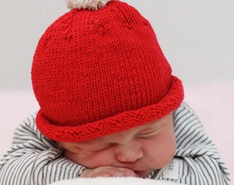 Modèle de bonnet de Noël tricoté (PDF), bonnet de Père Noël rayé avec pompon, modèle de bonnet d'hiver pour bébé et enfant, de la naissance à 4 ans