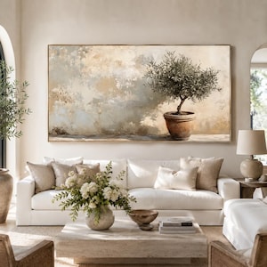 Handmade Olive Tree Poster Print, Mediterranean Botanical Wall Art, Neutral Beige Landscape, Large Horizontal Living Room Decor
