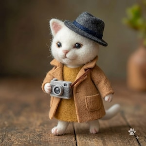 May include: A needle-felted white cat figurine wearing a dark grey fedora with a blue band, a mustard yellow dress, and a tan trench coat. The cat holds a small grey camera with a lens around its neck by a thin brown strap, standing upright.