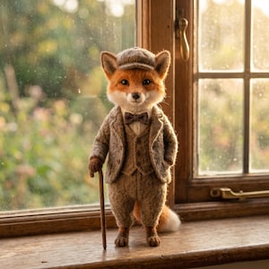 Puede incluir: Una figura de zorro de fieltro con un traje de tres piezas de tweed color canela texturizado, una gorra plana a juego y una pequeña pajarita marrón. El zorro está de pie sobre una superficie de madera, sosteniendo un bastón de madera.