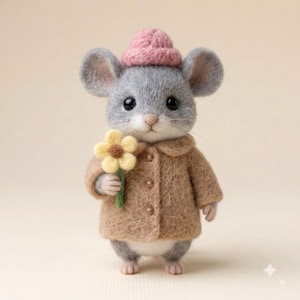 Peut inclure: Une figurine de souris en laine feutrée à la fourrure grise, portant un bonnet en tricot rose et un manteau texturé beige. La souris a de grandes oreilles, des yeux noirs et un petit nez rose. Elle tient une petite fleur jaune au cœur brun.