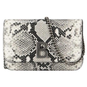 May include: A rectangular shoulder bag featuring a black and white snakeskin pattern. The front flap is adorned with a prominent, centered metallic letter B logo. A dark metal chain strap is attached to the side, resting across the front surface.