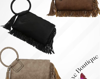 Soft Vegan Fringe Leather Bangle Clutch Wristlet