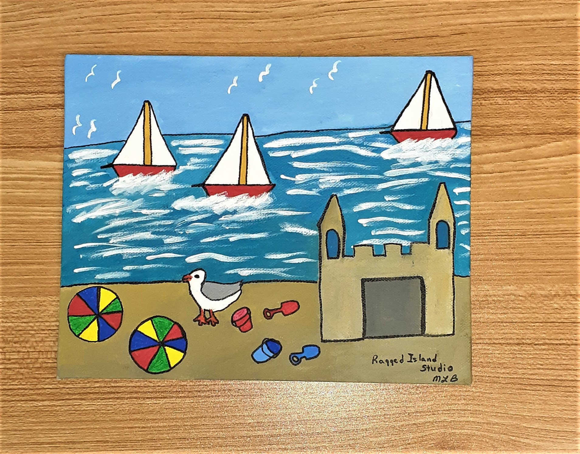 Sandcastle Acrylic Painting: Beach Scene with Sailboats (8x10 Canvas Board)