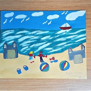 Sconto del 25%. Grandi saldi. Dipinto originale 8X10 Folk Art in N.S. Atlantic Canada - Divertimento in spiaggia - Castelli di sabbia e palloni da spiaggia - Decorazione da parete