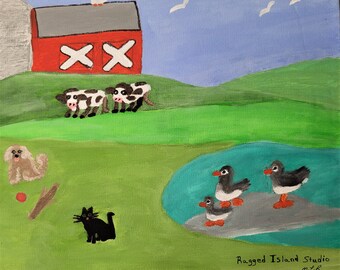 Pet Farmland, original folk art acrylic painting,