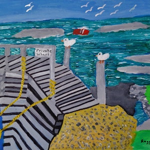 25% off. Acrylic 9X12 Painting Folk Art Painting Blue Rocks Lunenburg N. S. Original Painting of a "Private Wharf". #Wall Decor #folkart