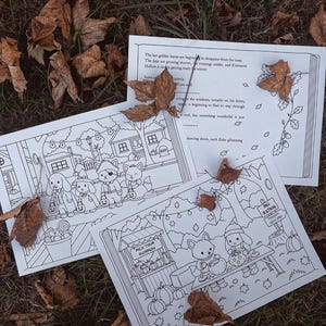 May include: Three white paper colouring sheets with black line art illustrations. One sheet features a story about Evermore Hollow. Another shows anthropomorphic animals trick-or-treating. The third depicts animals at a fall pumpkin festival.