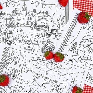 May include: Three black and white coloring pages featuring anthropomorphic rabbits in various scenes, including a Strawberry Festival, The Redwood House, and The Daylighthills. The pages are decorated with fresh red strawberries.