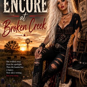 Puede incluir: Una portada de libro titulada Last Encore at Broken Creek de G.B. West que muestra a una persona con cabello rubio largo, camiseta negra desgastada y jeans rotos, sentada en un porche de madera con una guitarra eléctrica y un sombrero.