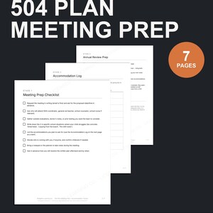 Puede incluir: Un conjunto de documentos de 7 páginas para la preparación de reuniones del plan 504 que incluye una lista de verificación, un registro de adaptaciones y preparación para la revisión anual. El texto incluye los encabezados ACCOMMODATION + PROGRESS.