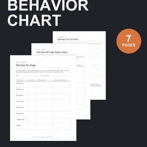 May include: A printable daily triggers log behaviour chart consisting of 7 pages in PDF format. The document includes sections for date, day of week, time of day, how it went, what happened, and what came just before, designed for letter and A4 paper.