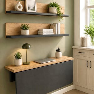 Wall Mounted Folding Table with 2 Shelves, Wooden Murphy Desk, Space Saving Kitchen-Dining Table