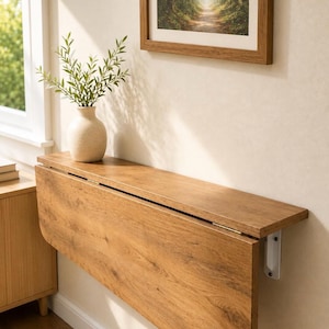 Wall Mounted Folding Pine Table with Shelves, Space Saving Murphy Desk, Foldable Study-Dining Table