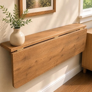 Wall Mounted Folding Table with Shelves, Pine Murphy Desk, Space Saving Kitchen Dining Table