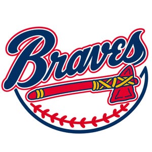 May include: A graphic logo featuring the word Braves in dark blue script with a red outline. Below the text is a red tomahawk with yellow handle wrappings, positioned over a curved dark blue line and a red baseball stitch pattern.
