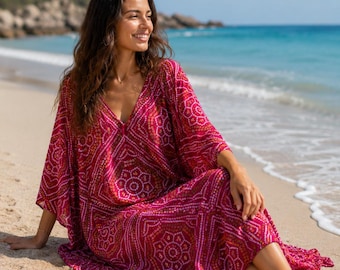 Caftan rosa vibrante com estampa de bandana, saída de praia, estilo boho resort, vestido maxi fluido para férias, roupa de descanso de verão