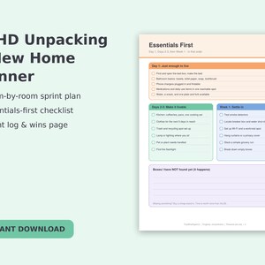 Peut inclure: Un planificateur de déménagement et de déballage TDAH numérique comprenant un plan de sprint pièce par pièce, une liste de contrôle des essentiels et un journal de sprint. La page inclut les sections Essentials First, Day 1, Days 2/3, Week 1 et Boxes I have NOT found yet.