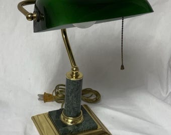 Vintage Bankers Emerald Green Glass Shade Marble Base Table Lamp 14” Gold Tone