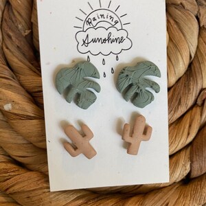 Handmade Clay Green Leaf and Cream Cactus Studs