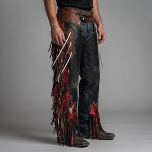 May include: Black leather chaps featuring intricate brown floral tooling on the waistband and upper thigh sections. The sides are adorned with long, layered black and red fringe, accented by white leather lacing details along the outer seams.