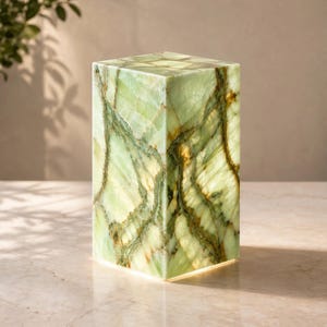 May include: A rectangular lamp crafted from light green onyx stone featuring prominent dark green and brown veining throughout the surface. The structure is illuminated from within, highlighting the translucent quality and natural patterns of the stone.